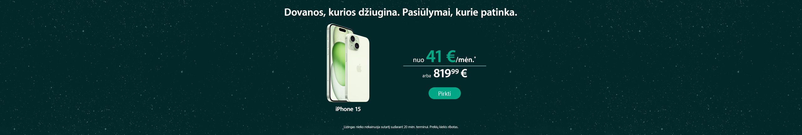 Lizingas be pabrangimo 20 mėnesių terminui iPhone 15