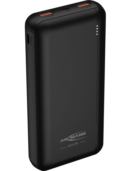 LiPo išorinis akumuliatorius (Powerbank) 20000mAh 20W 2xUSB + USB C QC3.0 PD juodas su microUSB kabe
