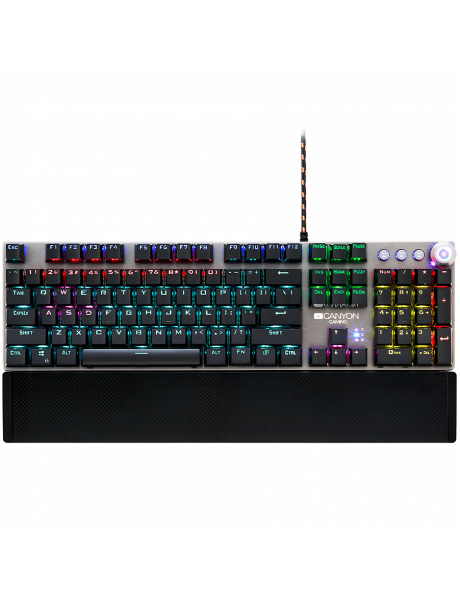 CND-SKB7-US CANYON Nightfall GK-7, Wired Gaming Keyboard,Black 104 mechanical switches,60 million times key life, 22 types of lights,Removable magnetic wrist rest,4 Multifunctional control knob,Trigger actuation 1.5mm,1.6m Braided cable,US layout,dark gre