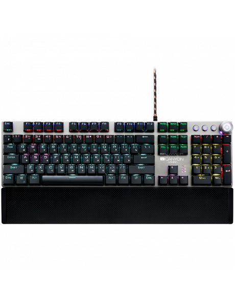 CND-SKB7-RU CANYON Nightfall GK-7, Wired Gaming Keyboard,Black 104 mechanical switches,60 million times key life, 22 types of lights,Removable magnetic wrist rest,4 Multifunctional control knobs,Trigger actuation 1.5mm,1.6m Braided cable,RU layout,dark gr
