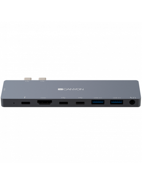 CNS-TDS08DG CANYON DS-8 Multiport Docking Station with 8 port, 1*Type C PD100W+2*Type C data+2*HDMI+2*USB3.0+1*Audio. Input 100-240V, Output USB-C PD100W&USB-A 5V/1A, Aluminium alloy, Space gray, 135*48*10mm, 0.056kg