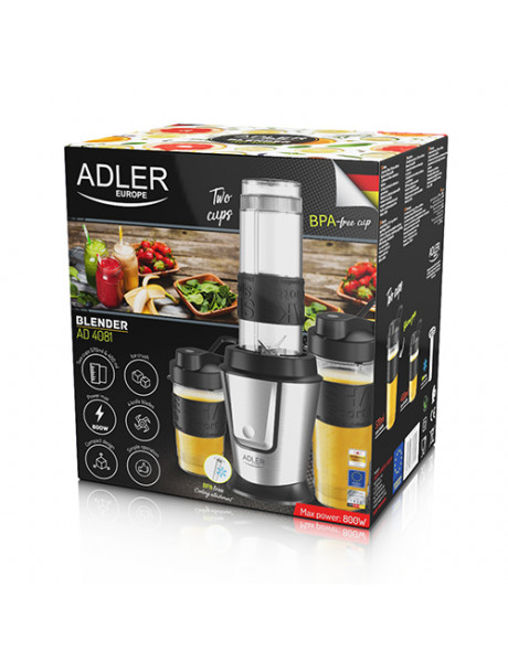 Adler | Blender | AD 4081 | Tabletop | 800 W | Jar material BPA Free Plastic | Jar capacity 0.57 and 0.4 L | Ice crushing | Black/Stainless steel
