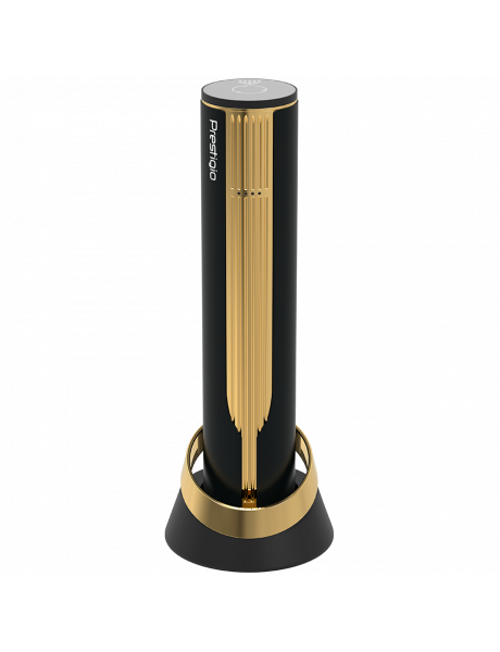 PWO104GD Prestigio Maggiore, smart wine opener, 100% automatic, opens up to 70 bottles without recharging, foil cutter included, premium design, 480mAh battery, Dimensions D 48*H228mm, black + gold color.