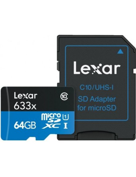 Lexar 64GB High-Performance 633x microSDHC UHS-I, up to 100MB/s read 20MB/s write Lexar | Memory card | LMS0633064G-BNNNG | 64 GB | microSDXC | Flash memory class UHS-I