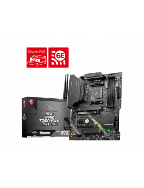 MSI | MAG B550 TOMAHAWK MAX WIFI | Processor family AMD | Processor socket AM4 | DDR4 DIMM | Memory slots 4 | Supported hard disk drive interfaces 	SATA, M.2 | Number of SATA connectors 6 | Chipset AMD B550 | ATX