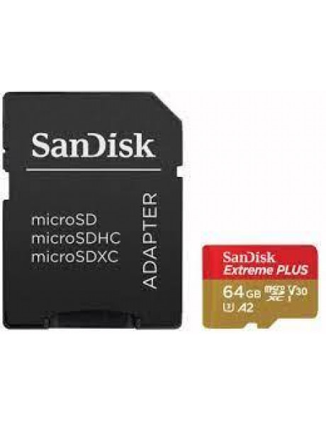 SDSQXBU-064G-GN6MA SanDisk Extreme PLUS microSDXC 64GB + SD Adapter + 2 years RescuePRO Deluxe up to 200MB/s & 90MB/s Read/Write speeds A2 C10 V30 UHS-I U8, EAN: 619659189150
