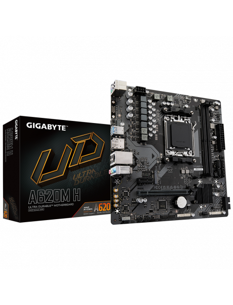 Gigabyte | A620M H 1.0 M/B | Processor family AMD | Processor socket AM5 | DDR5 DIMM | Memory slots 2 | Supported hard disk drive interfaces 	SATA, M.2 | Number of SATA connectors 4 | Chipset AMD A620 | Micro ATX