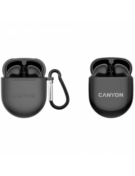 CNS-TWS6B CANYON TWS-6, Bluetooth headset, with microphone, BT V5.3 JL 6976D4, Frequence Response:20Hz-20kHz, battery EarBud 30mAh*2+Charging Case 400mAh, type-C cable length 0.24m, Size: 64*48*26mm, 0.040kg, Black